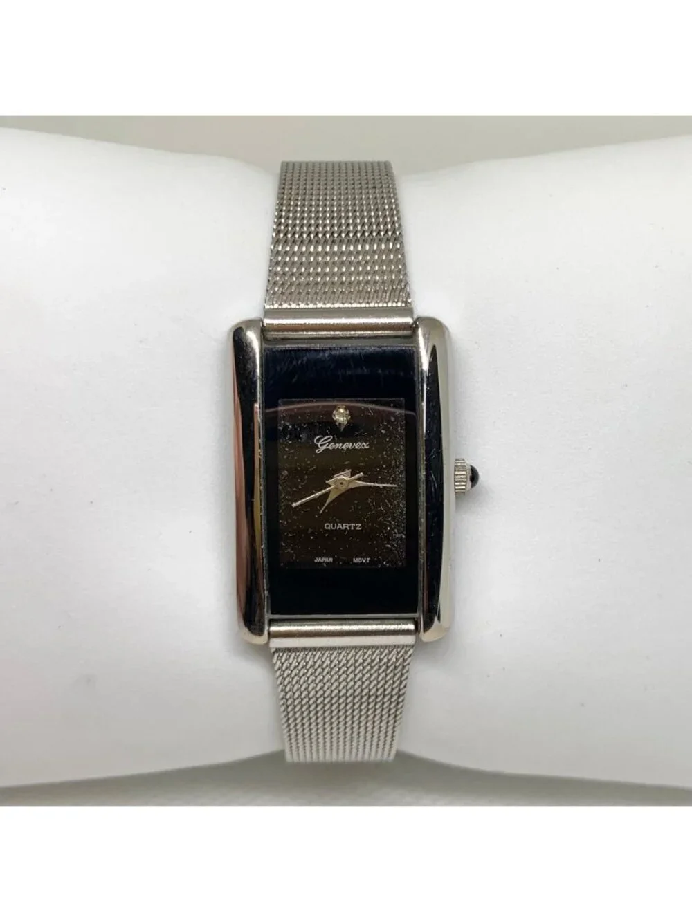 Vintage Genevex women’s watch silver tone black dial 21mm mesh band  running